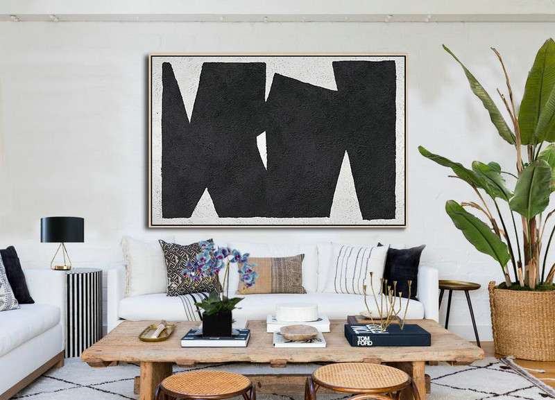 Acrylic Painting On Canvas,Oversized Horizontal Minimalist Geometric Art On Canvas, Black And White Minimalist Painting - Large Contemporary Painting